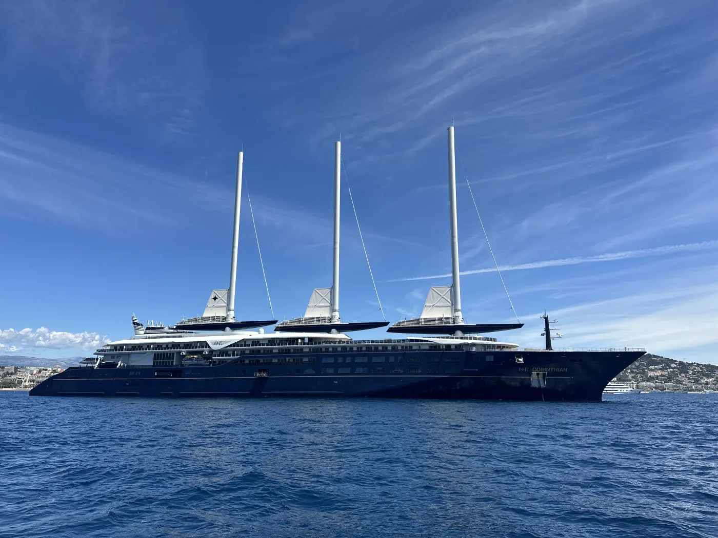 The 220-metre Orient Express Corinthian, billed as the world's largest sailing yacht, anchored off Cannes with her three SolidSail masts