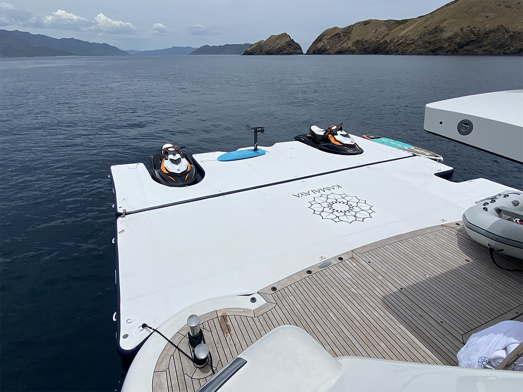 FunAir Super Dock inflatable platform beside superyacht