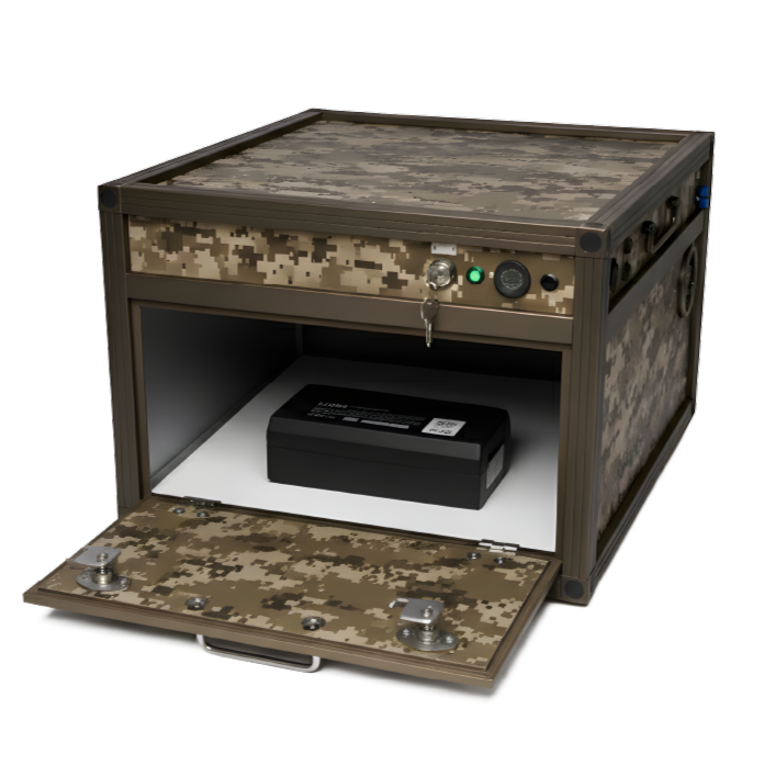 Cutaway view of a RACLAN DefPro battery safety box showing the internal architecture: multi-layer wall construction, locking system, sensor array, and integrated cooling agent reservoir