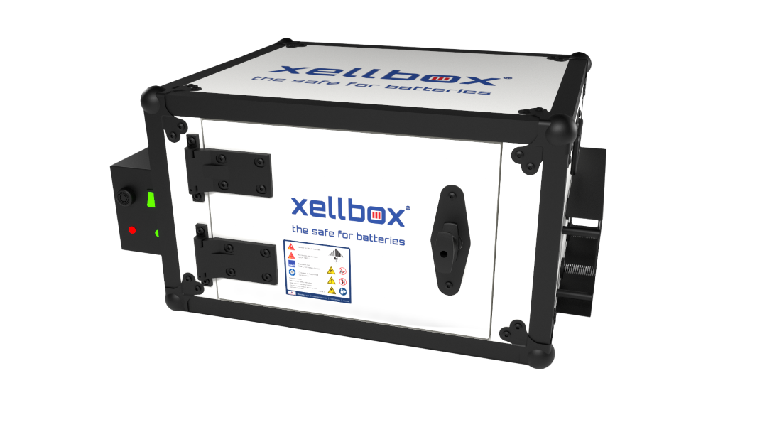 Internal render of a RACLAN safety box showing the chambered interior, agent reservoir position, and battery placement area