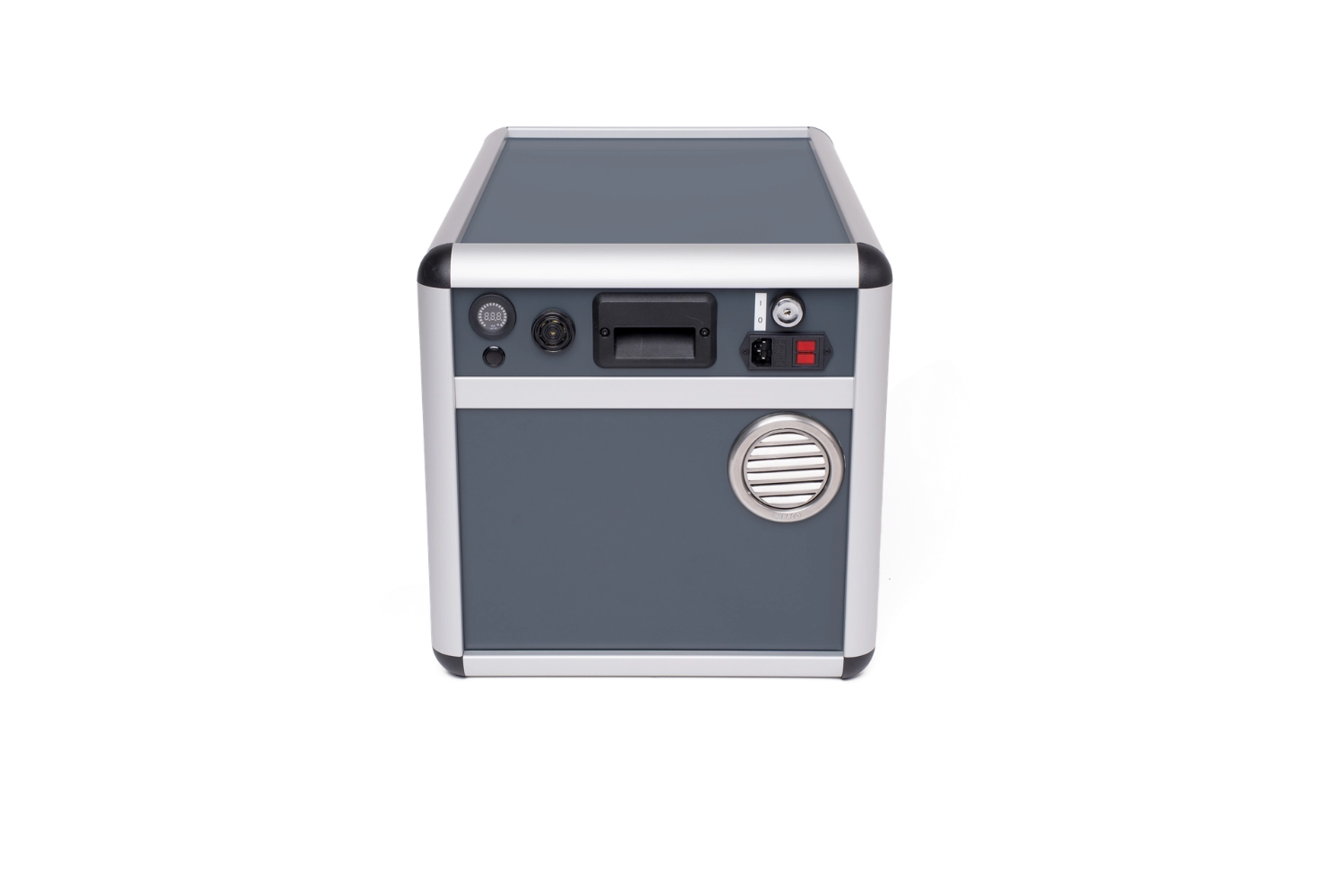 End view of the RACLAN Box control face showing the key switch, status indicator lamps, mains socket and the circular stainless exhaust vent through which filtered gases are released.