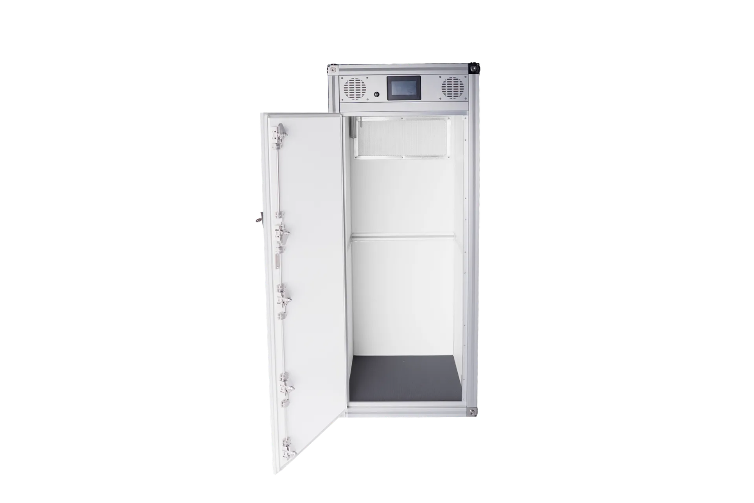 RAMBSS Module 1500 with the door fully open, showing the tall interior cavity and upper shelf that allows a Seabob to be stored upright with its battery installed.