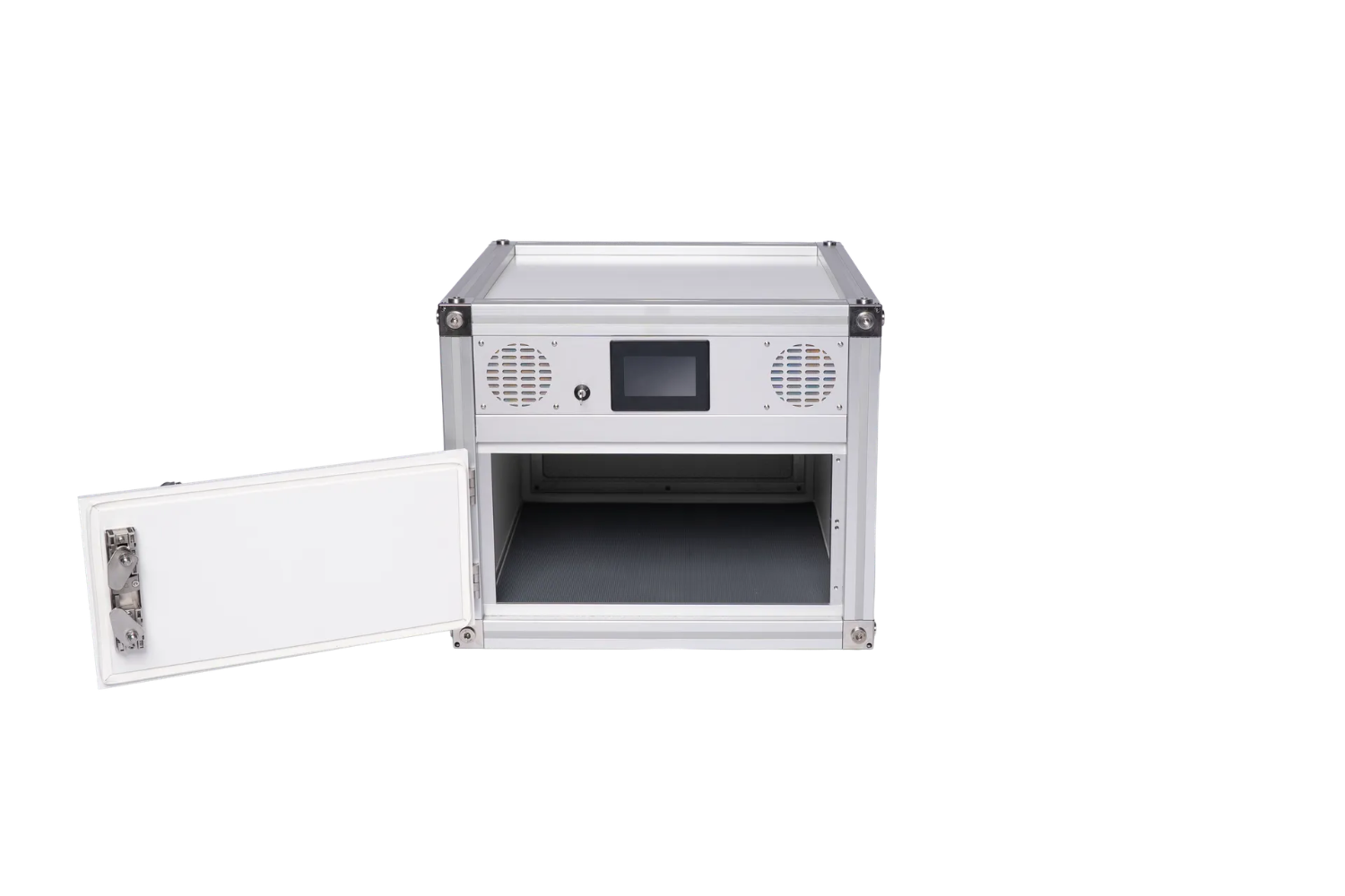 RAMBSS Module 500 with its door open through 180 degrees, showing the empty white interior cavity, the base plate and the door seal.
