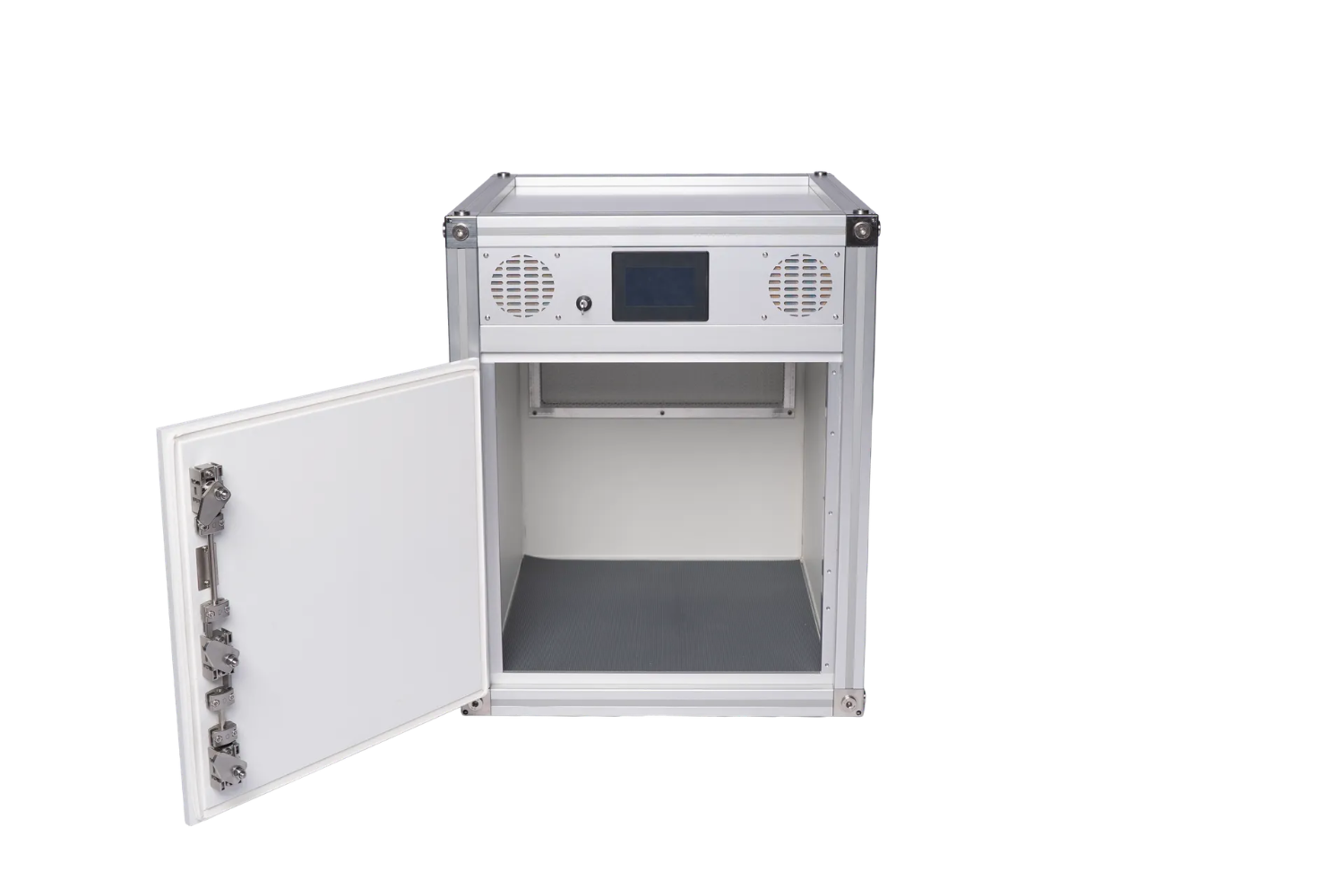 RAMBSS Module 750 with the door open about 90 degrees, showing the internal cavity, grey base plate and the heavy hinge and seal hardware on the door face.