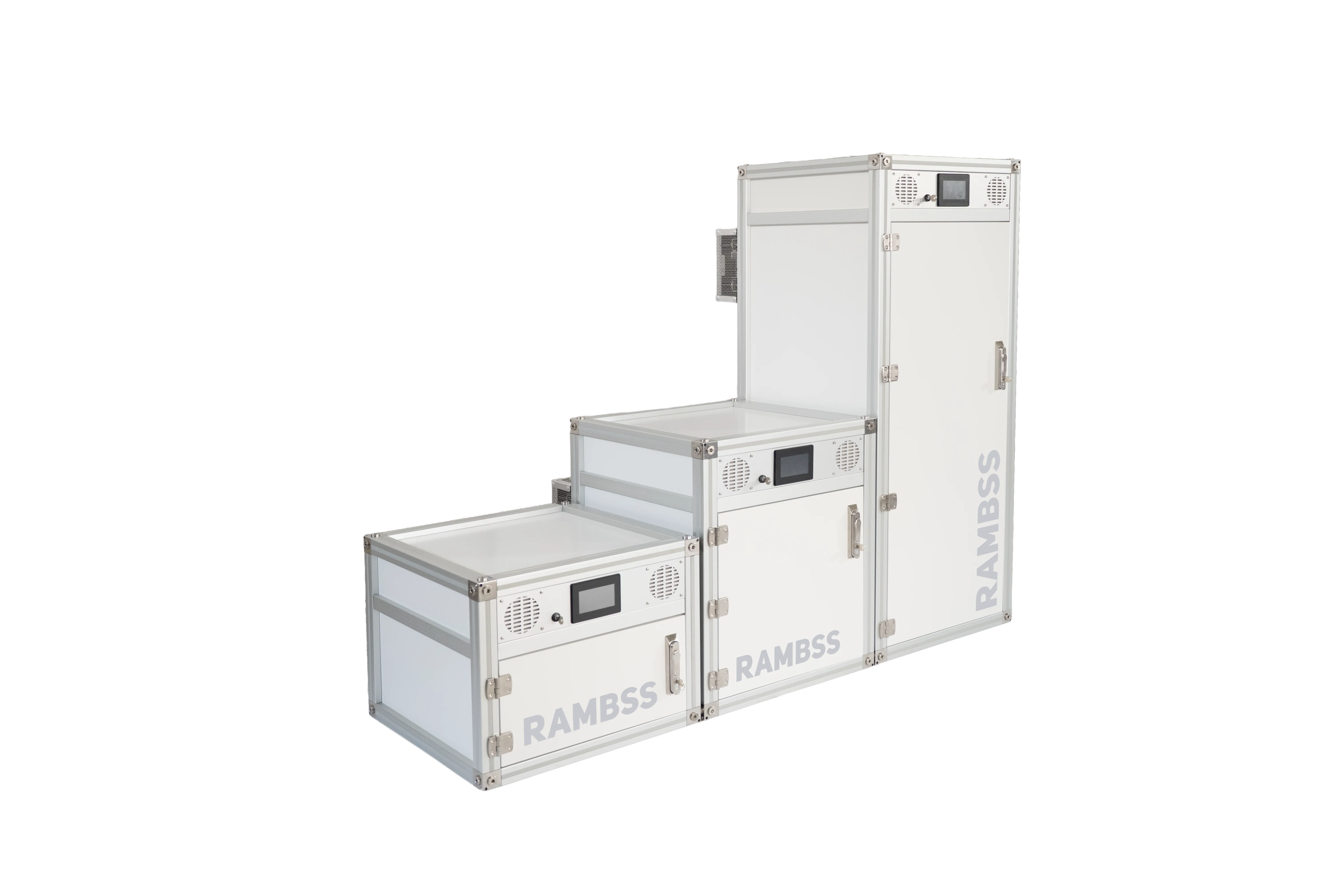 The three RAMBSS module sizes side by side - Module 500, Module 750 and Module 1500 - each with a front status touchscreen, ventilation grille and stainless latch, sharing a common 600 by 600 mm footprint so they stack and line up.