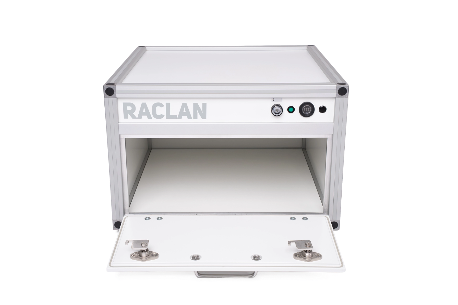 RACLAN Square Marine Box with the front flap dropped open, showing the white internal cavity, the ribbed floor mat and the latch hardware on the inside of the flap.